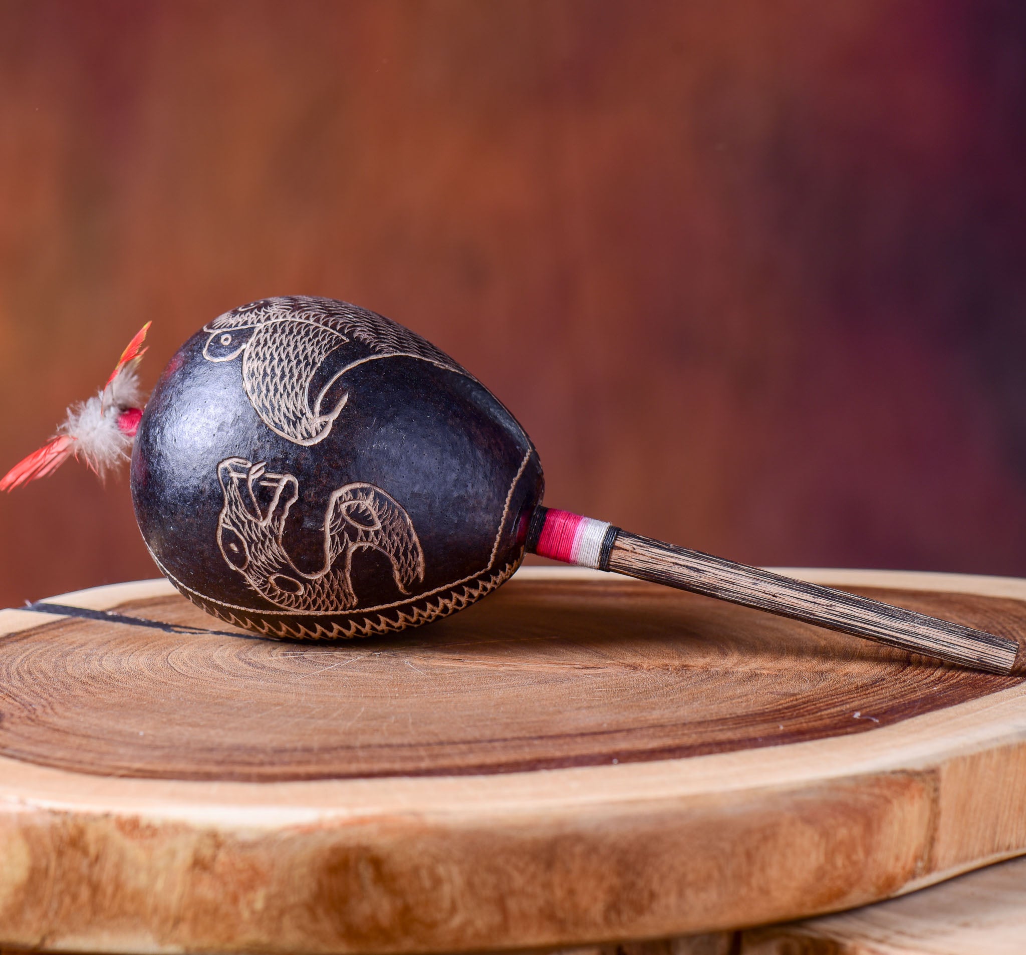 Large Shipibo Maracas Dark Spiral Snake and Condor