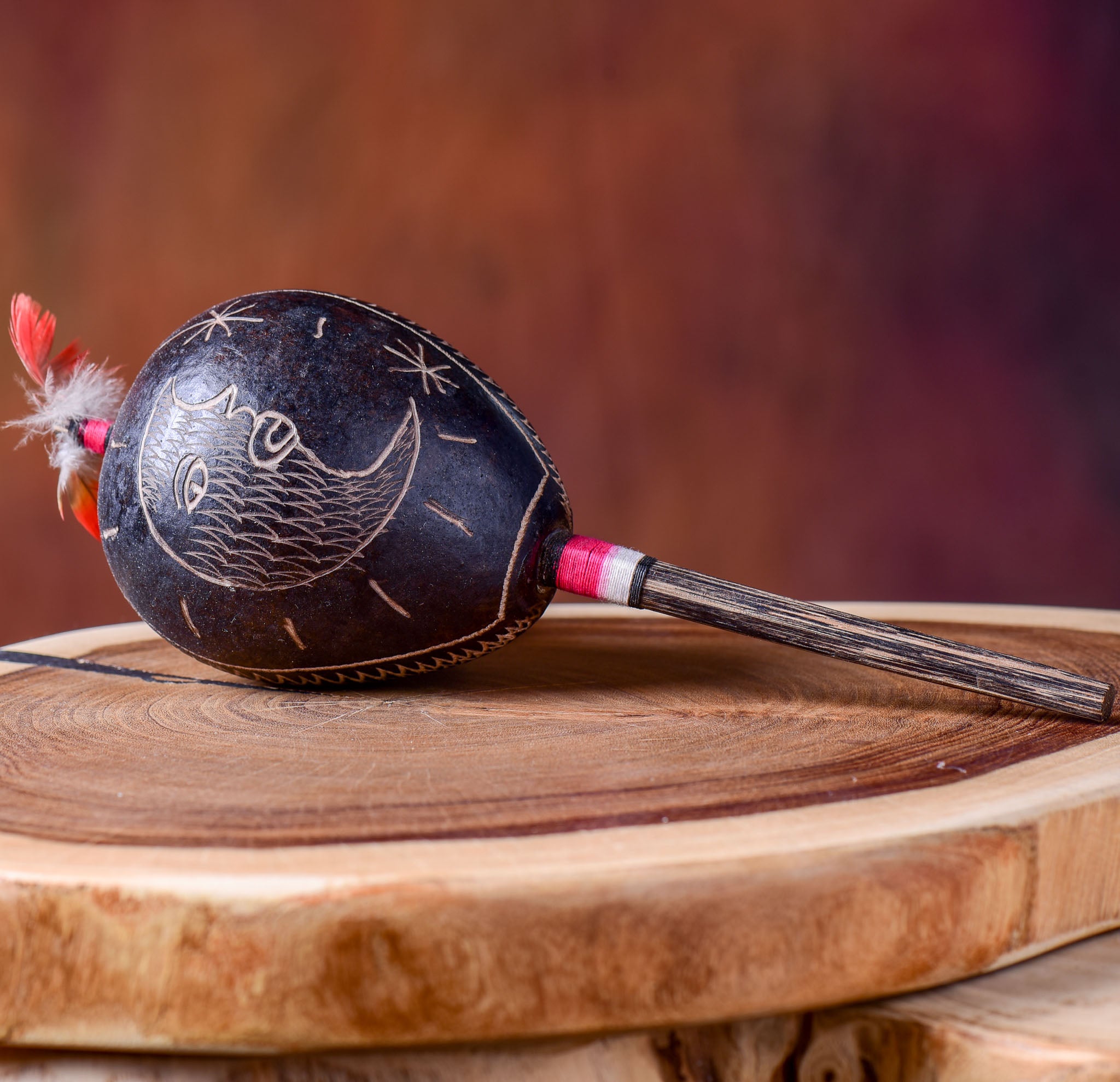 Large Shipibo Maracas Dark Spiral Snake and Condor