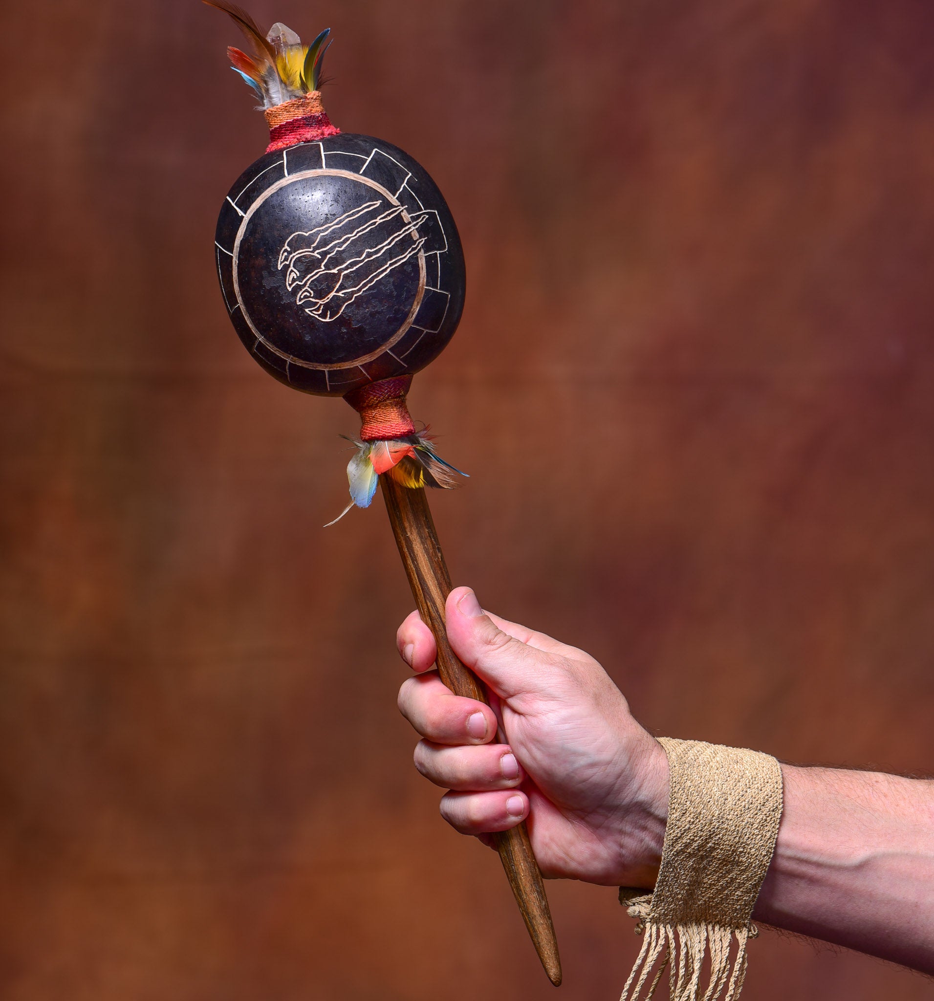 Extra Large Wild Stick Ceremonial Quartz Shipibo Maraca - "El Jaguar"