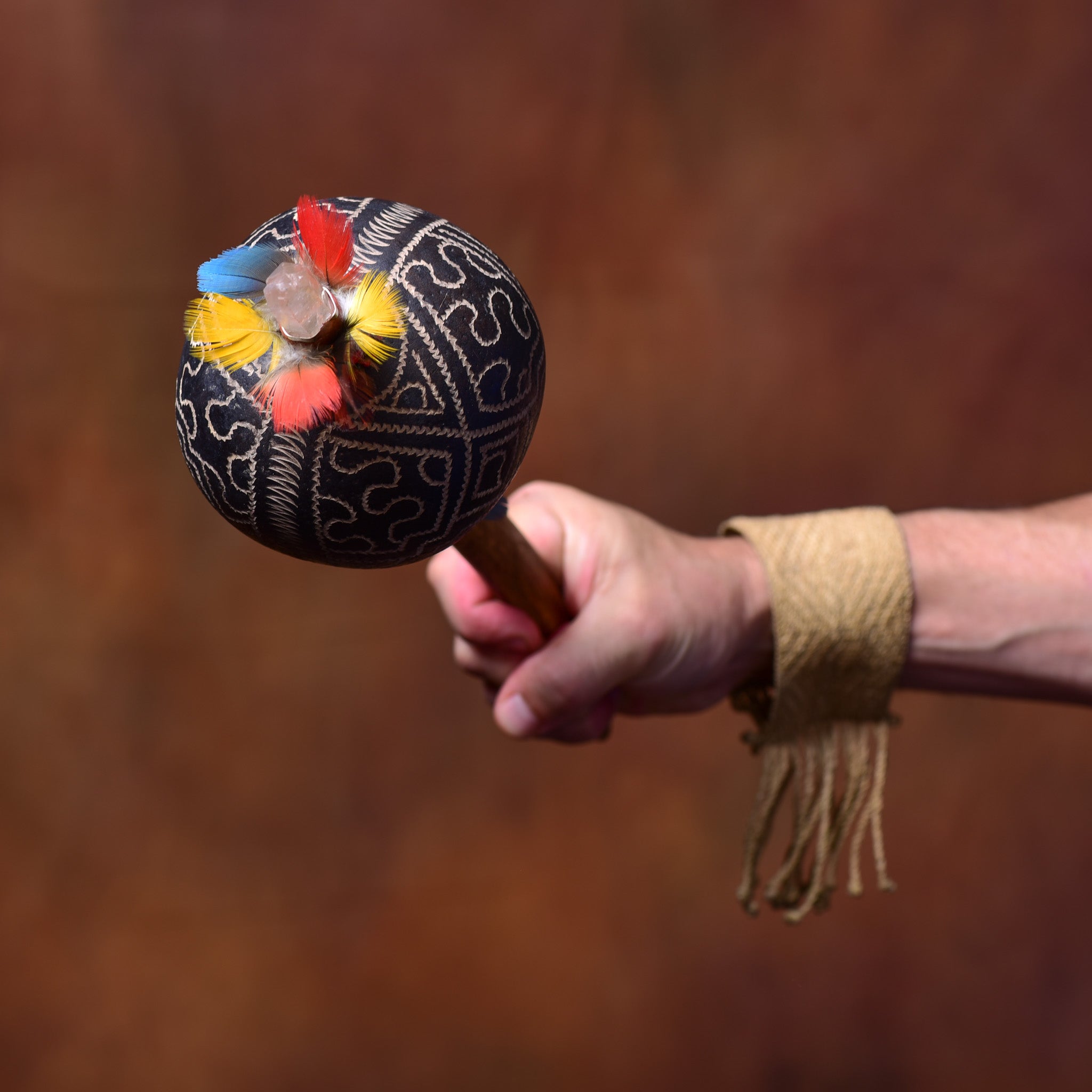 Extra Large Wild Stick Ceremonial Quartz Shipibo Maraca - "Icaro"