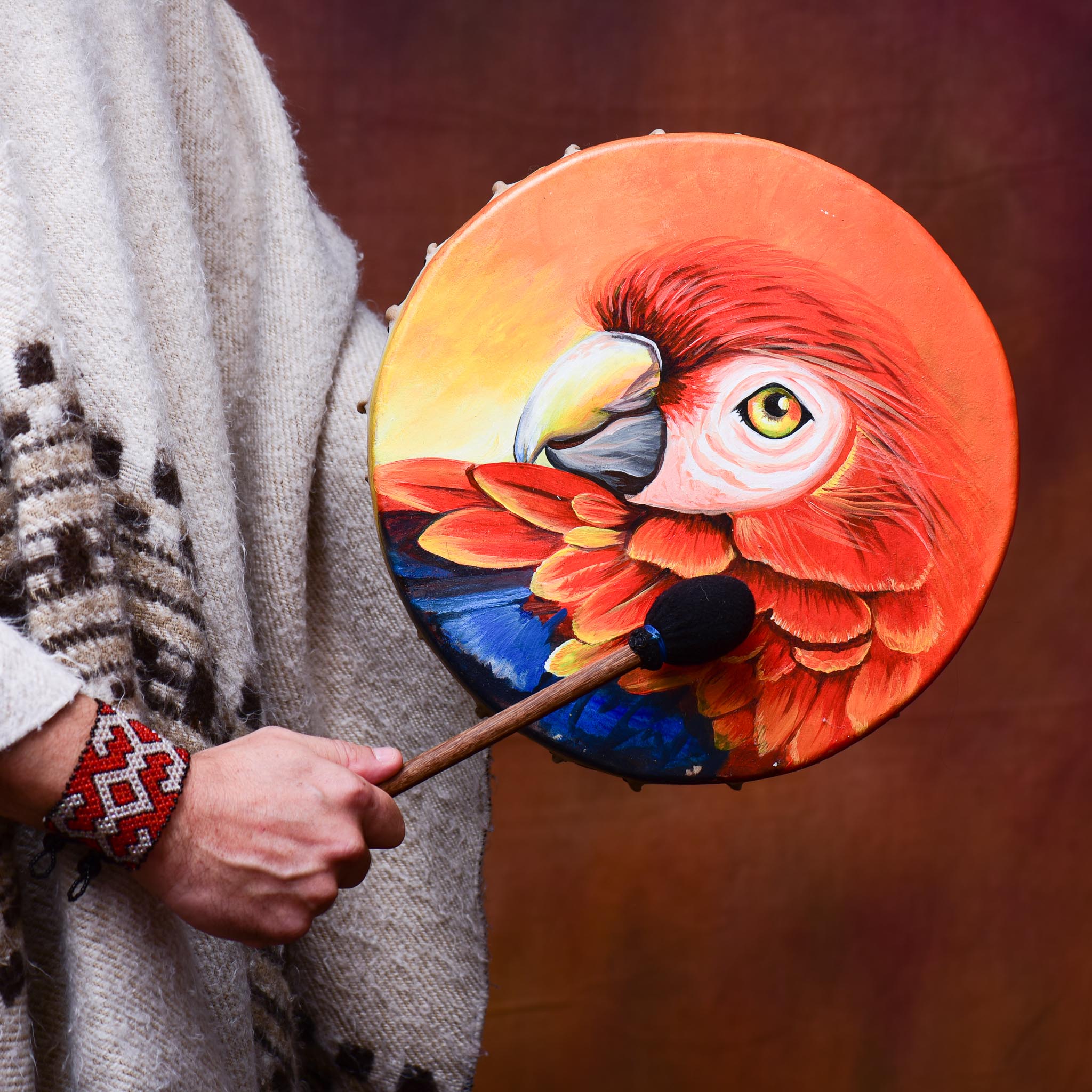 Shamanic Drum, Guacamaya, blue-red-yellow, 33cm