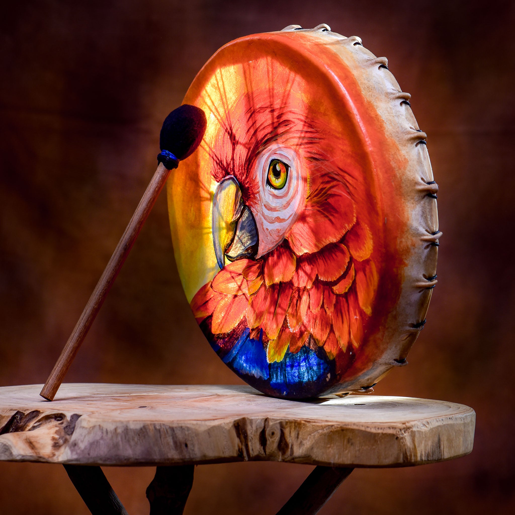 Shamanic Drum, Guacamaya, blue-red-yellow, 33cm