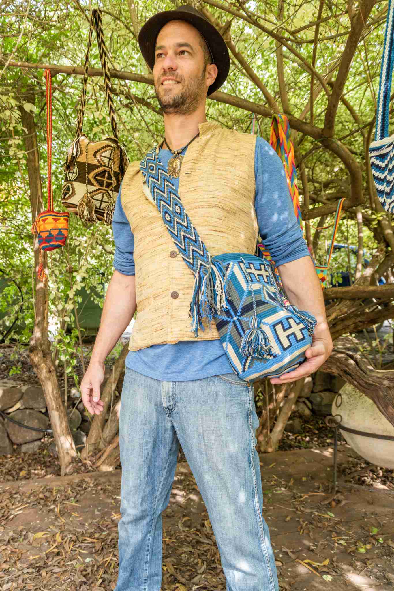 Wayuu Large Knitted Mochila Bag White & Blue