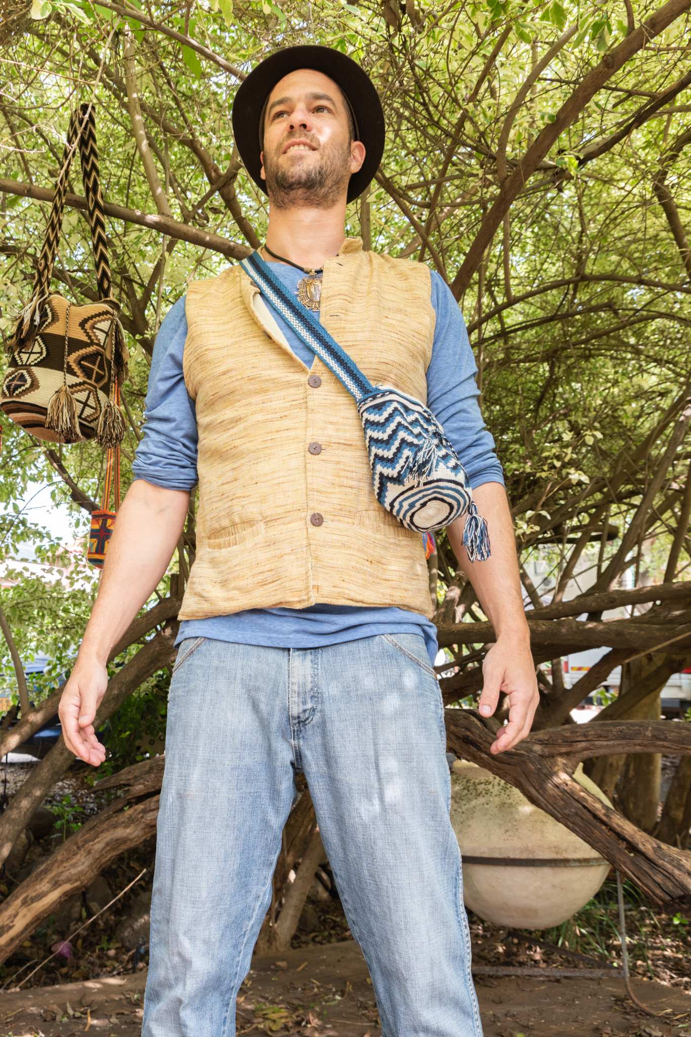 Wayuu Small Knitted Mochila Bag White & Blue