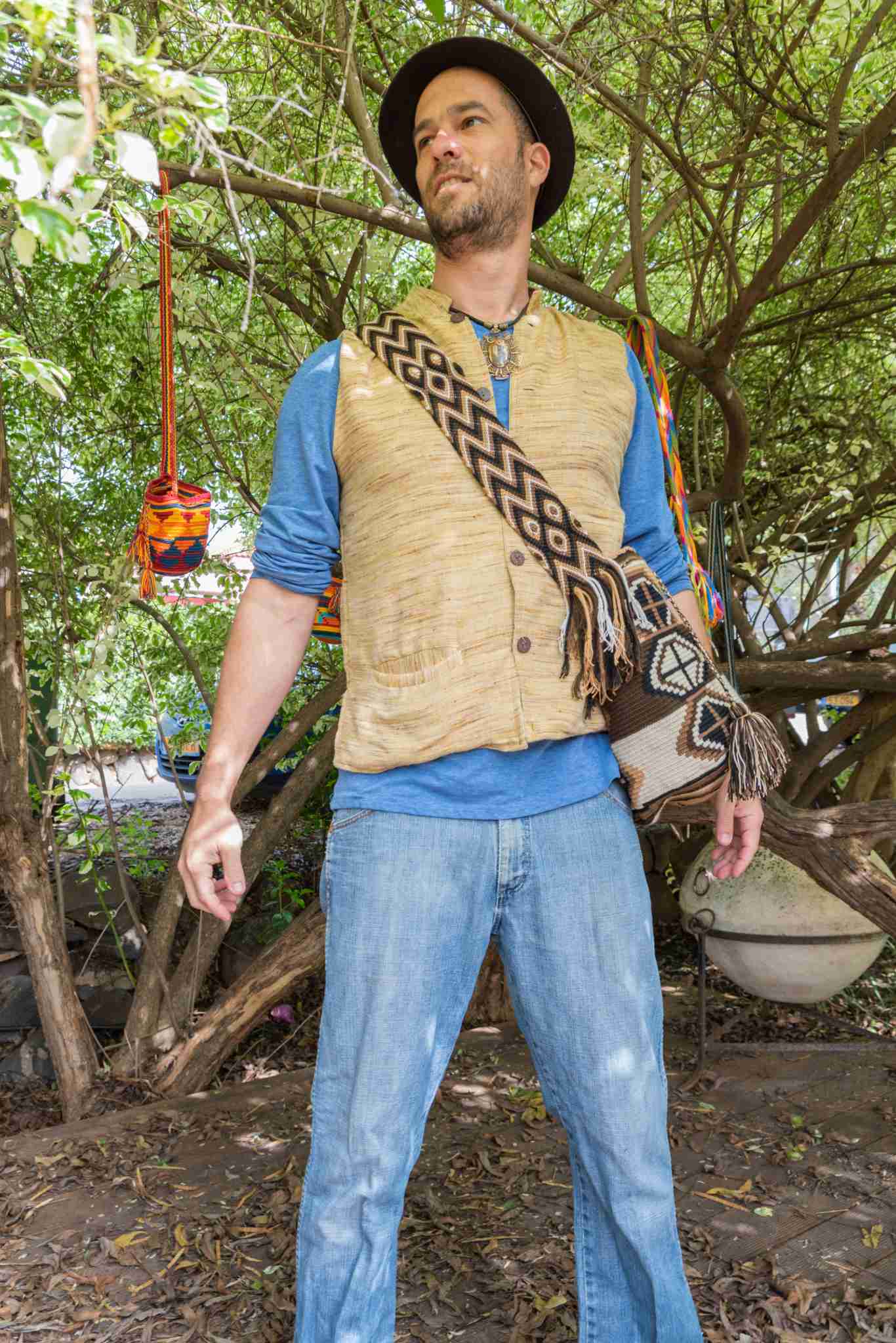 Wayuu Large Knitted Mochila Bag Orange White & Brown