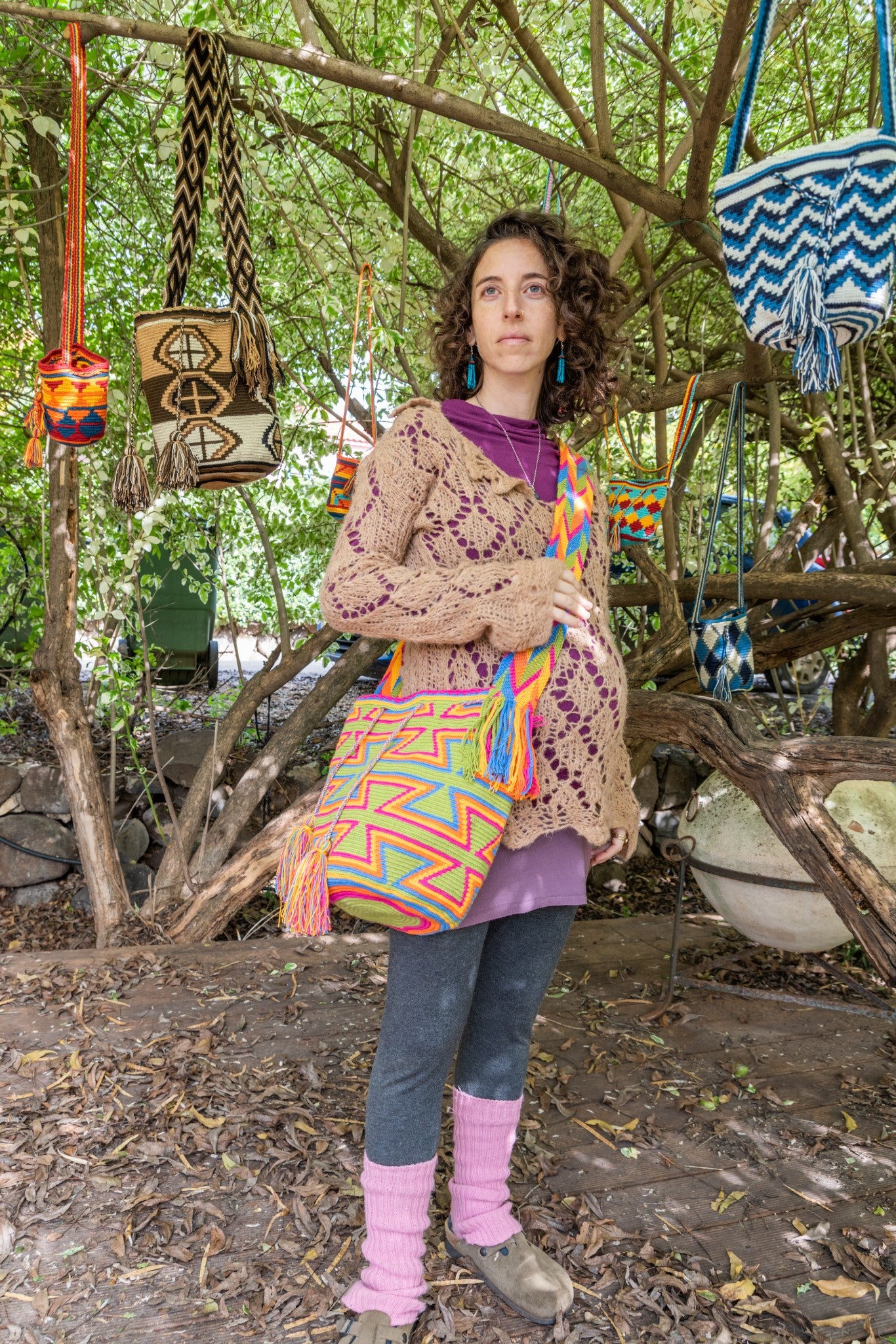 Wayuu Large Knitted Mochila Bag Orange Slick Green