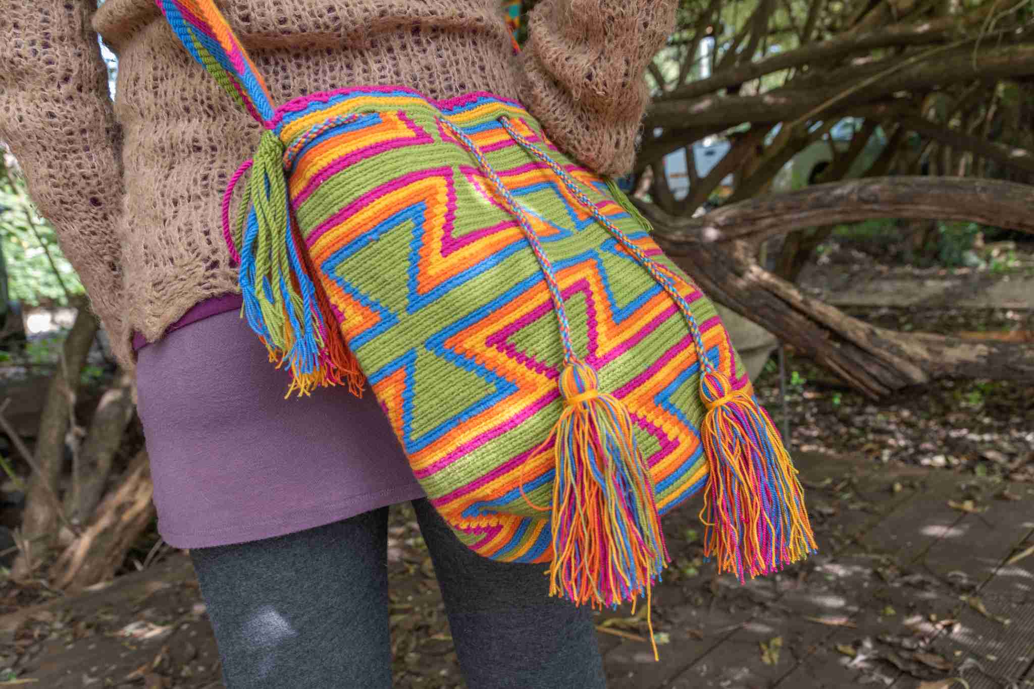 Wayuu Large Knitted Mochila Bag Orange Slick Green