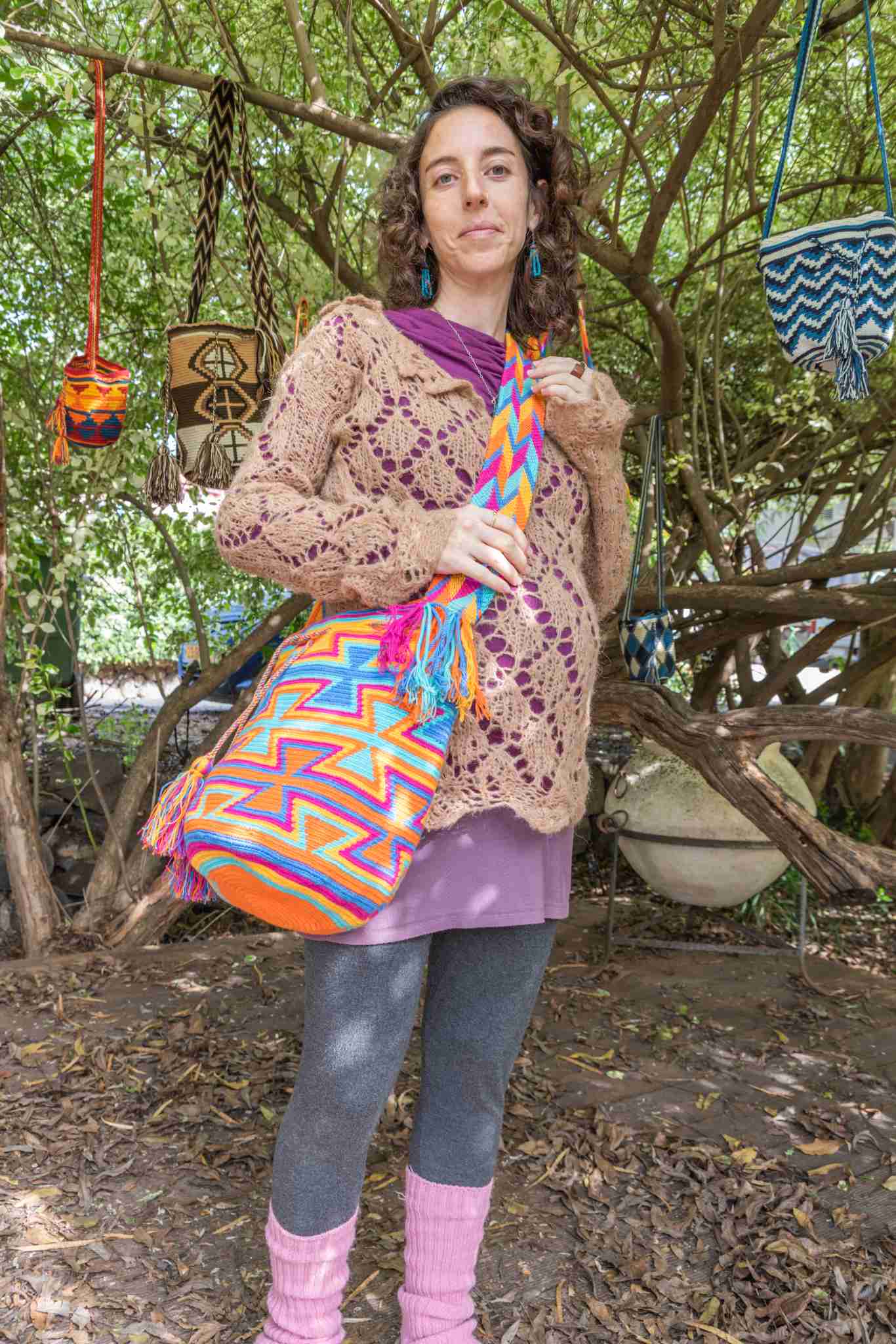 Wayuu Large Knitted Mochila Bag Orange Slick Pink