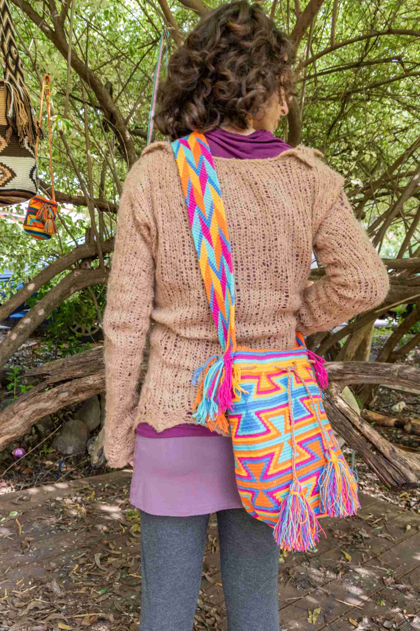 Wayuu Large Knitted Mochila Bag Orange Slick Pink