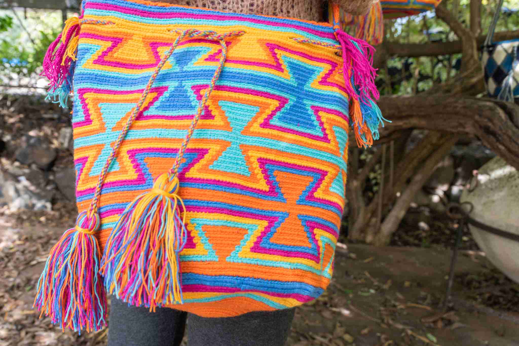 Wayuu Large Knitted Mochila Bag Orange Slick Pink