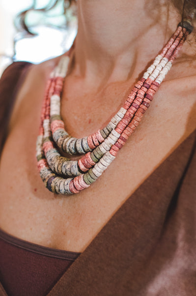 Green Pink Expanding Strips - Clay Beads Necklace - Wild Matter Arts