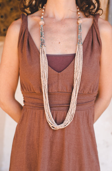 Cream Long Stripe Clay Beads Necklace - Wild Matter Arts