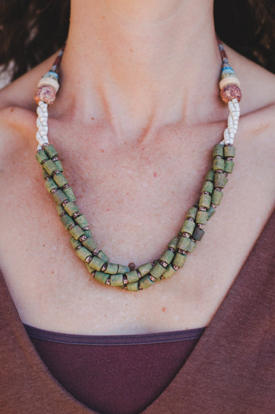 Green Braided Strips - Clay Beads Necklace - Wild Matter Arts