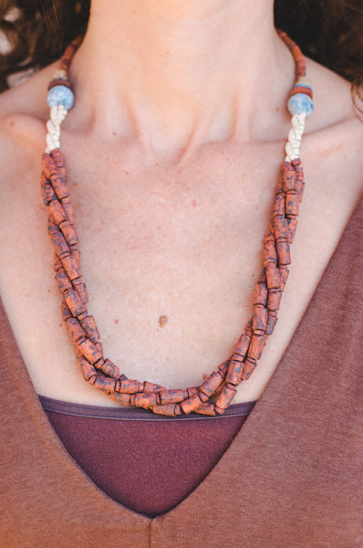 Earth Brown braided strips - Clay Beads Necklace - Wild Matter Arts
