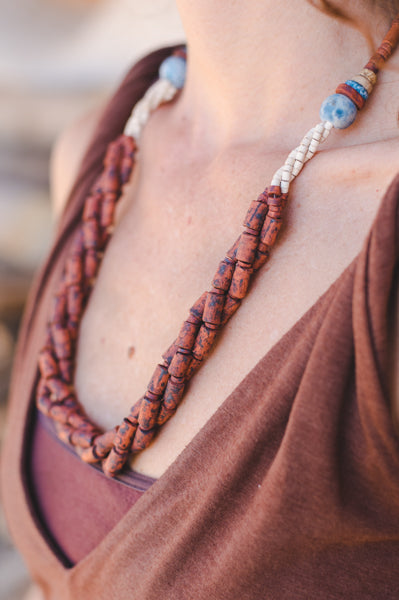 Earth Brown braided strips - Clay Beads Necklace - Wild Matter Arts
