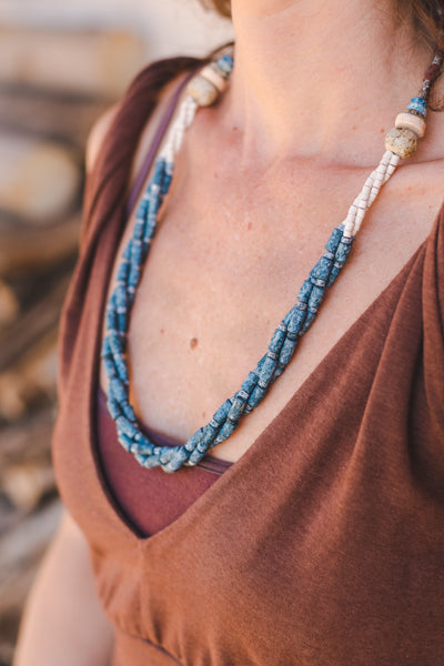 Blue Cream Braided Strips - Clay Beads Necklace - Wild Matter Arts