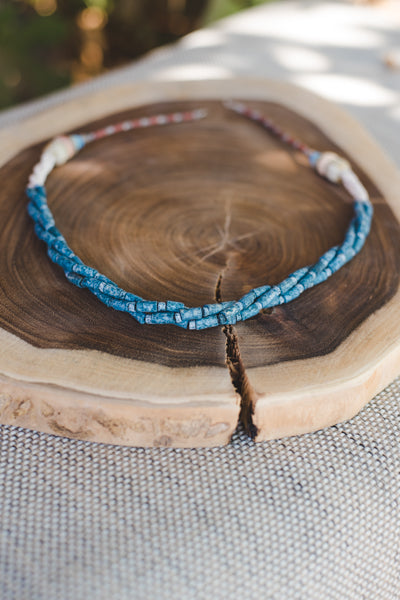 Blue Cream Braided Strips - Clay Beads Necklace - Wild Matter Arts