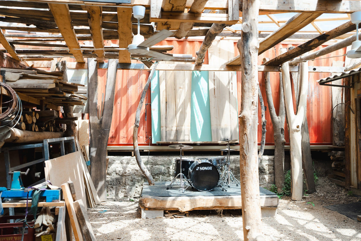 The Wild Matter wood workshop and gallery yard in Ma'ayan Tzvi