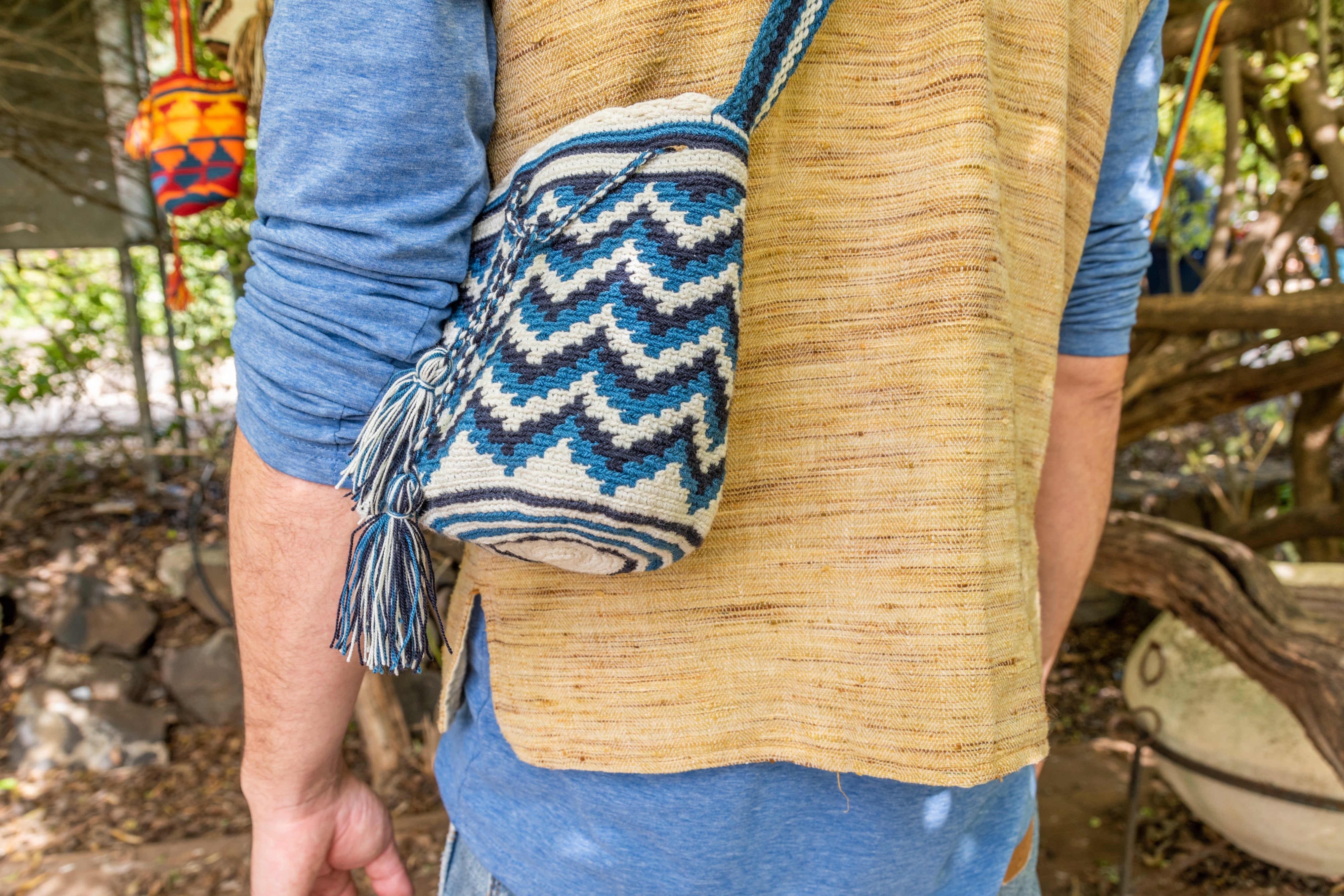 Wayuu Small Knitted Mochila Bag White & Blue