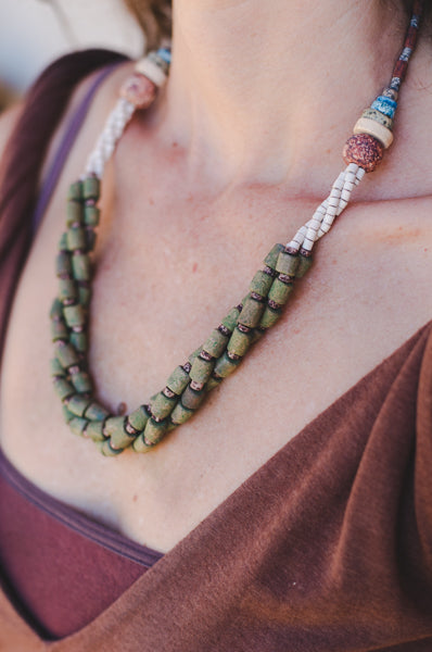 Green Braided Strips - Clay Beads Necklace - Wild Matter Arts