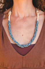 Blue Cream Braided Strips - Clay Beads Necklace - Wild Matter Arts
